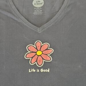 Life Is Good Shirt Womens L Blue Crusher Tee V Neck Classic Daisy Graphic NWT